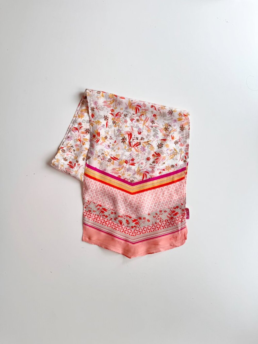Vintage ECHO Pink Floral Patchwork Print Silk Crepe 54" x 10.5" Rectangle Scarf